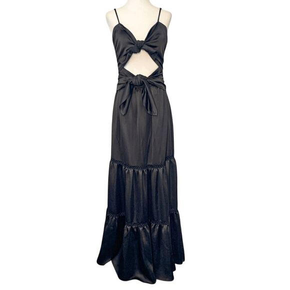 Jonathan Simkhai Black Tiered Cutout Spaghetti Strap Bow Tie Midi Dress Medium - Picture 2 of 10